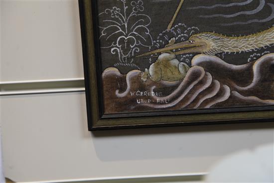 I. Wayan Gerudug (1905-1989) Cranes with frogs and insects in a landscape, 18.5 x 16.5in.